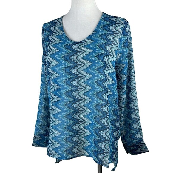 Turquoise Blue Print XS V-Neck Sheer Tunic Blouse Long Sleeve - Picture 1 of 7